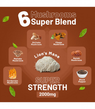 dvanced Mushroom Complex 2000mg | A super blend of 6 Mushroom with Lions Mane, Chaga, Cordyceps, Shiitake, Reishi and Maitake with Black Pepper | 120 Vegan High Strength Tablets | Made in UK by Prowise