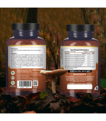 dvanced Mushroom Complex 2000mg | A super blend of 6 Mushroom with Lions Mane, Chaga, Cordyceps, Shiitake, Reishi and Maitake with Black Pepper | 120 Vegan High Strength Tablets | Made in UK by Prowise