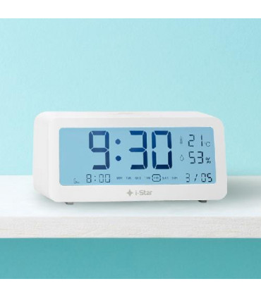 i-Star Portable White Alarm Clock with Temperature and Humidity- 90081PI