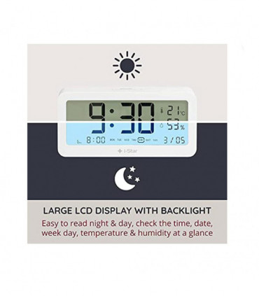 i-Star Portable White Alarm Clock with Temperature and Humidity- 90081PI