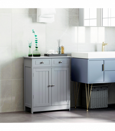 kleankin Bathroom Floor Storage Cabinet w/ 2 Drawers Door Cupboard Grey