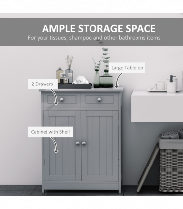 kleankin Bathroom Floor Storage Cabinet w/ 2 Drawers Door Cupboard Grey