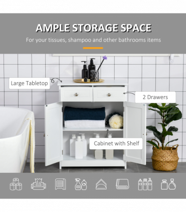 kleankin Bathroom Floor Storage Cabinet w/ 2 Drawers Door Cupboard White