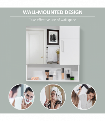 kleankin Bathroom Mirror Cabinet Wall Mount Storage Organizer w/ Door, White