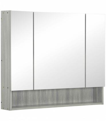 kleankin Bathroom Mirror Cabinet, Wall Mounted 3 Doors and Cupboards, Grey