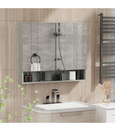 kleankin Bathroom Mirror Cabinet, Wall Mounted 3 Doors and Cupboards, Grey