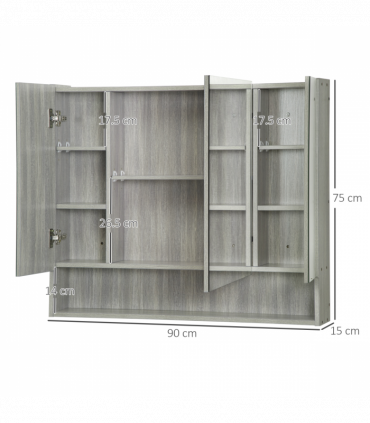 kleankin Bathroom Mirror Cabinet, Wall Mounted 3 Doors and Cupboards, Grey