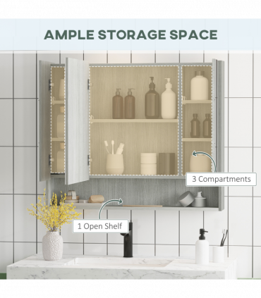kleankin Bathroom Mirror Cabinet, Wall Mounted 3 Doors and Cupboards, Grey