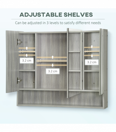 kleankin Bathroom Mirror Cabinet, Wall Mounted 3 Doors and Cupboards, Grey