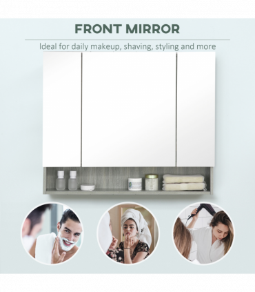 kleankin Bathroom Mirror Cabinet, Wall Mounted 3 Doors and Cupboards, Grey