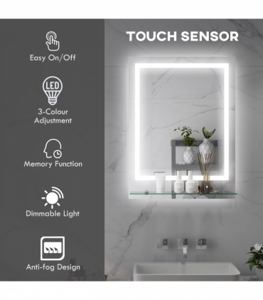 kleankin Dimmable Bathroom Mirror with LED Lights, 3 Colours, Defogging Film