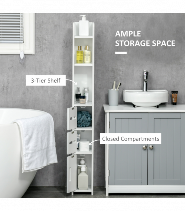 kleankin Freestanding Bathroom Cabinet w/ Open Shelves 3 Cupboards, White