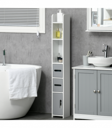 kleankin Freestanding Tall Bathroom Cabinet W/ Open Shelves 3 Cupboards, Grey