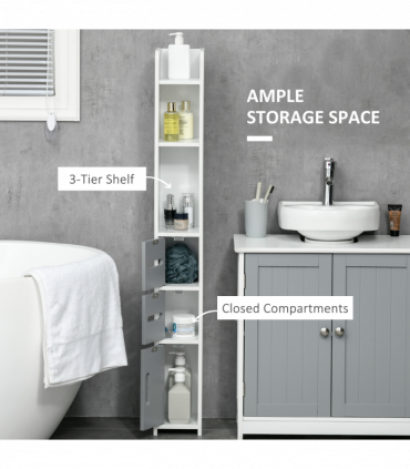 kleankin Freestanding Tall Bathroom Cabinet W/ Open Shelves 3 Cupboards, Grey