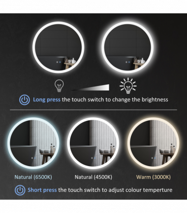 kleankin Illuminated Bathroom Mirror with LED Lights, 3 Colours, Defogging Film