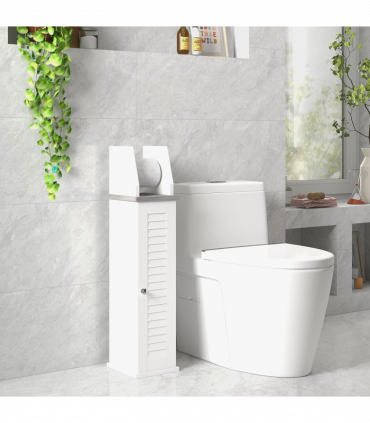 kleankin Slim Toilet Roll Storage Unit with Cupboard and Adjustable Shelf, White