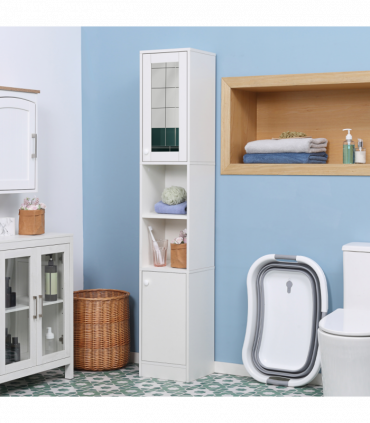 kleankin Tall Bathroom Storage Cabinet Narrow Freestanding Cabinet with Mirror