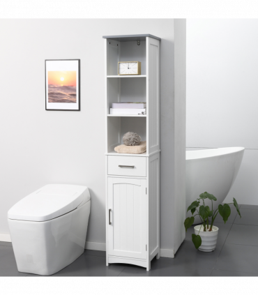 kleankin Tall Bathroom Storage Cabinet, Slim Freestanding Linen Tower, White