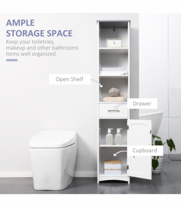 kleankin Tall Bathroom Storage Cabinet, Slim Freestanding Linen Tower, White