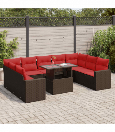 vidaXL 10 Piece Garden Sofa Set with Cushions Brown Poly Rattan Acacia