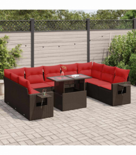 vidaXL 10 Piece Garden Sofa Set with Cushions Brown Poly Rattan Acacia
