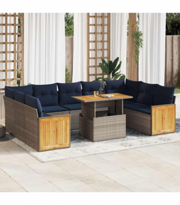 vidaXL 10 Piece Garden Sofa Set with Cushions Grey Poly Rattan Acacia