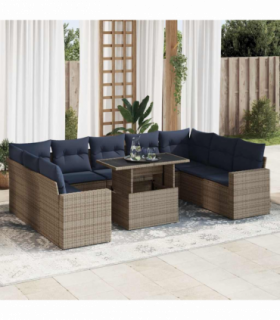 vidaXL 10 Piece Garden Sofa Set with Cushions Grey Poly Rattan Acacia