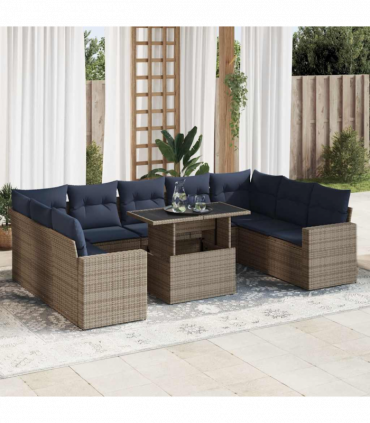 vidaXL 10 Piece Garden Sofa Set with Cushions Grey Poly Rattan Acacia