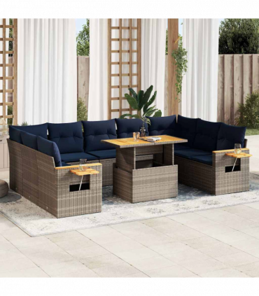 vidaXL 10 Piece Garden Sofa Set with Cushions Grey Poly Rattan Acacia