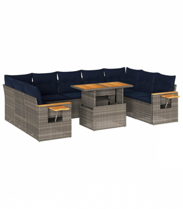 vidaXL 10 Piece Garden Sofa Set with Cushions Grey Poly Rattan Acacia