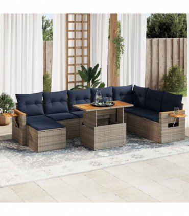 vidaXL 10 Piece Garden Sofa Set with Cushions Grey Poly Rattan Acacia
