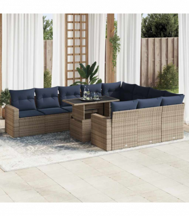vidaXL 11 Piece Garden Sofa Set with Cushions Black Poly Rattan Acacia