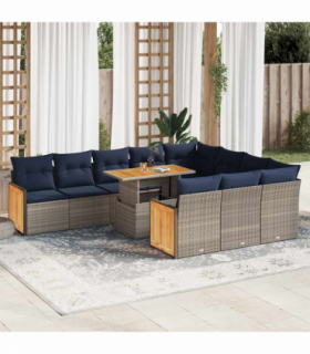 vidaXL 11 Piece Garden Sofa Set with Cushions Grey Poly Rattan Acacia
