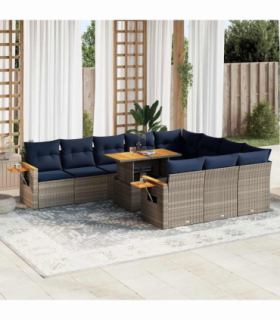 vidaXL 11 Piece Garden Sofa Set with Cushions Grey Poly Rattan Acacia