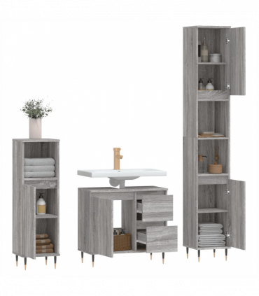 vidaXL 3 Piece Bathroom Furniture Set Grey Sonoma Engineered Wood