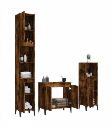 vidaXL 3 Piece Bathroom Furniture Set Smoked Oak Engineered Wood