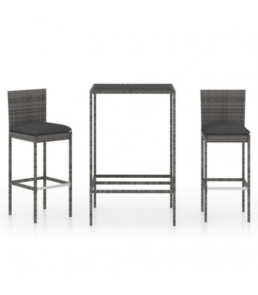 vidaXL 3 Piece Garden Bar Set with Cushions Poly Rattan Grey