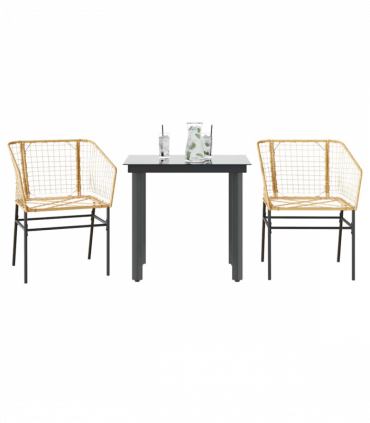vidaXL 3 Piece Garden Dining Set Brown Poly Rattan Glass