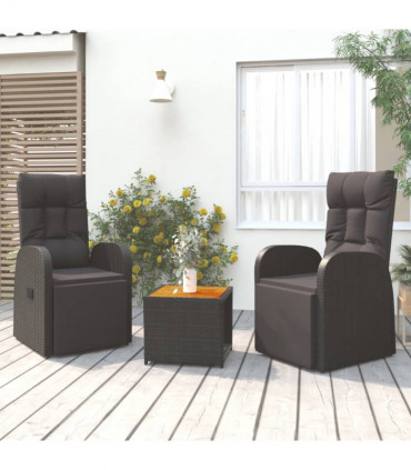 vidaXL 3 Piece Garden Lounge Set Black Poly Rattan&Solid Wood Acacia