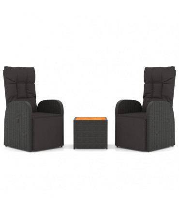 vidaXL 3 Piece Garden Lounge Set Black Poly Rattan&Solid Wood Acacia