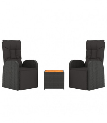 vidaXL 3 Piece Garden Lounge Set Black Poly Rattan&Solid Wood Acacia