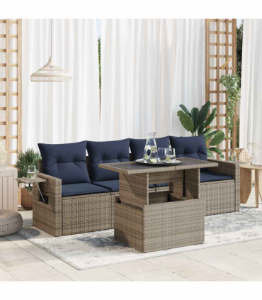 vidaXL 5 Piece Garden Sofa Set with Cushions Black Poly Rattan Acacia