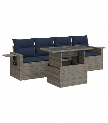 vidaXL 5 Piece Garden Sofa Set with Cushions Black Poly Rattan Acacia