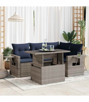 vidaXL 5 Piece Garden Sofa Set with Cushions Black Poly Rattan Acacia