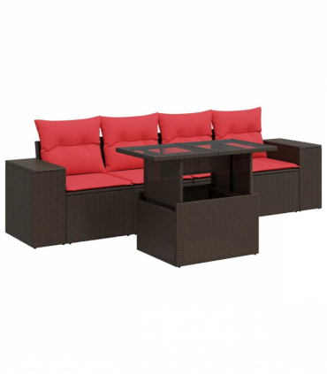 vidaXL 5 Piece Garden Sofa Set with Cushions Brown Poly Rattan Acacia