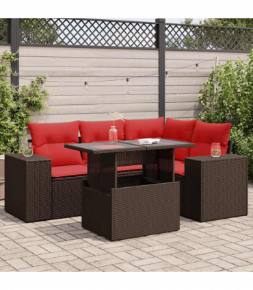 vidaXL 5 Piece Garden Sofa Set with Cushions Brown Poly Rattan Acacia