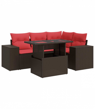 vidaXL 5 Piece Garden Sofa Set with Cushions Brown Poly Rattan Acacia