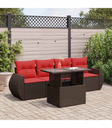 vidaXL 5 Piece Garden Sofa Set with Cushions Brown Poly Rattan Acacia