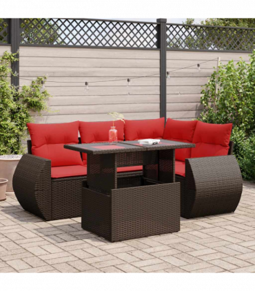 vidaXL 5 Piece Garden Sofa Set with Cushions Brown Poly Rattan Acacia