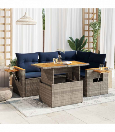 vidaXL 5 Piece Garden Sofa Set with Cushions Grey Poly Rattan Acacia